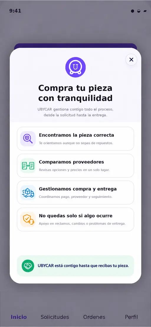 Pantalla de acompañamiento UBYCAR con identificación, comparación, compra, entrega y soporte