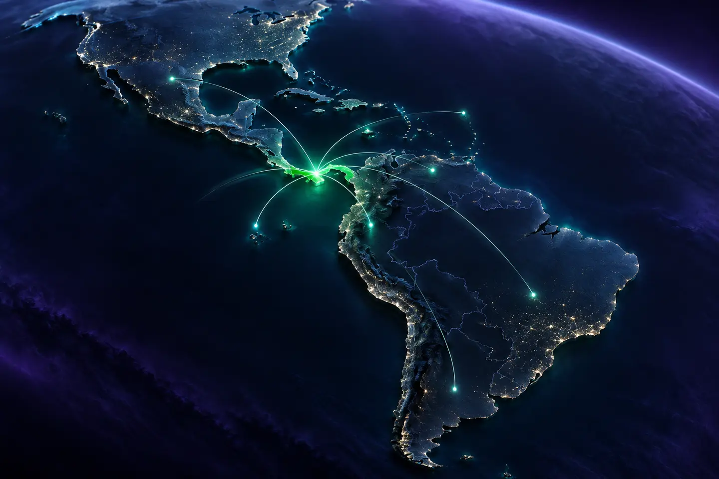 Mapa de América con Panamá como punto de conexión regional de UBYCAR