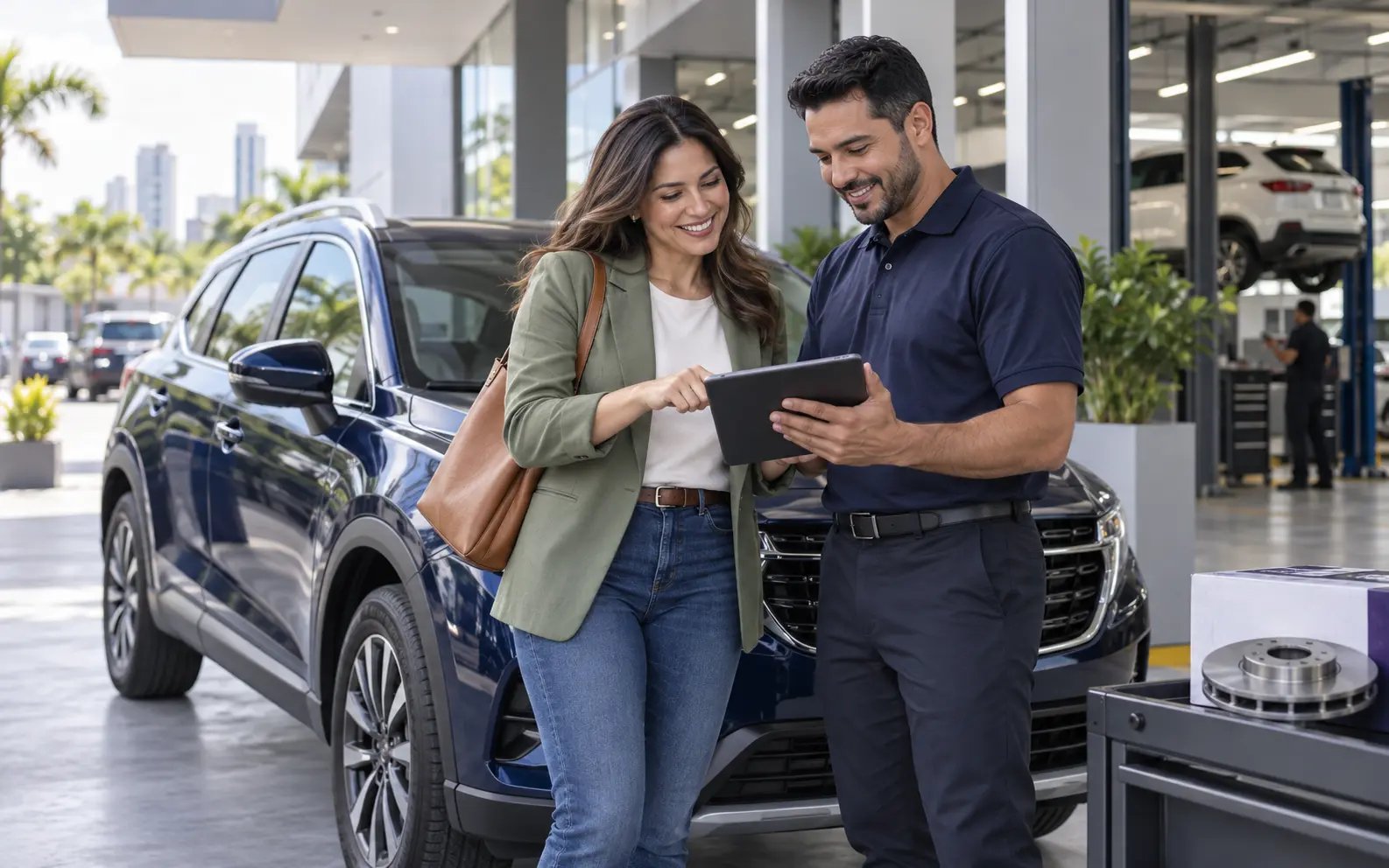 Clienta y especialista automotriz revisando una solución de UBYCAR junto a un vehículo